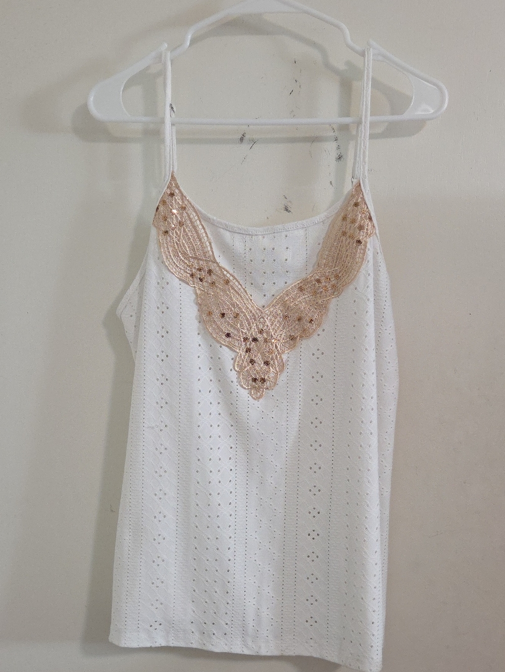 SHEIN White Eyelet Tank Top with Beige Lace Trim